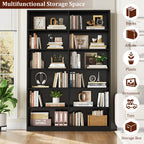 Modern Black Double Wide Bookshelf 5 Tier Open Storage Bookcase