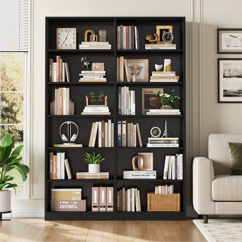Modern Black Double Wide Bookshelf 5 Tier Open Storage Bookcase