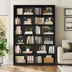 Modern Black Double Wide Bookshelf 5 Tier Open Storage Bookcase