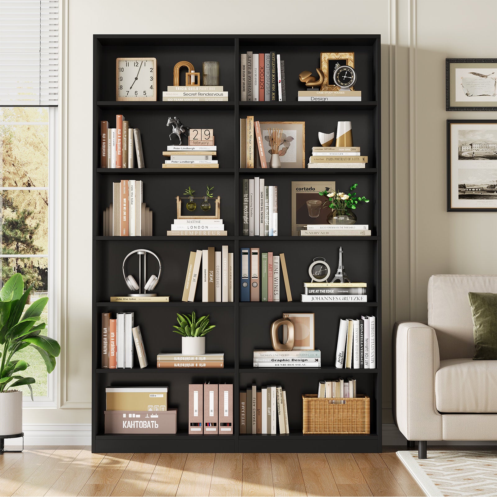 Modern Black Double Wide Bookshelf 5 Tier Open Storage Bookcase