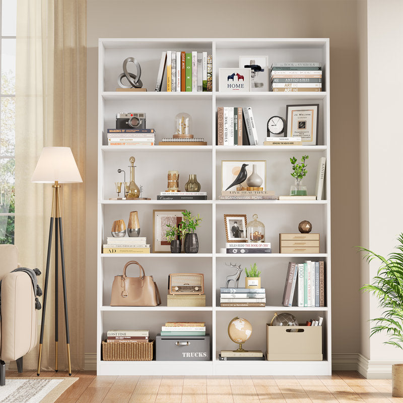 Modern White Double Wide Bookshelf 5 Tier Open Storage Bookcase