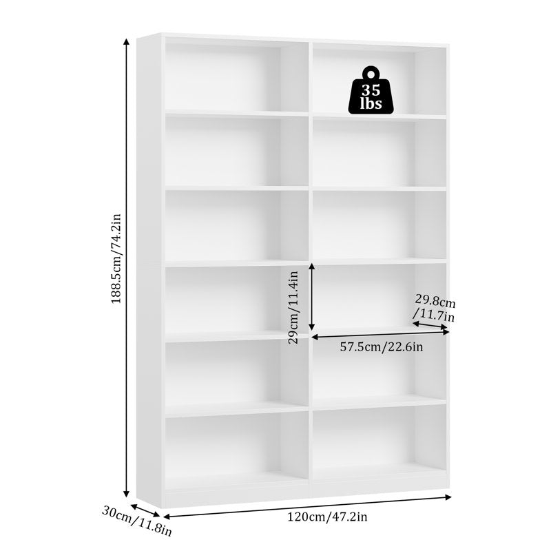 Modern White Double Wide Bookshelf 5 Tier Open Storage Bookcase