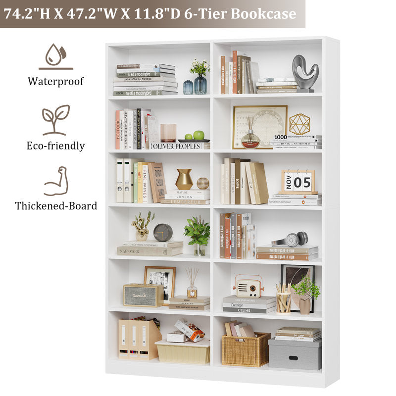 Modern White Double Wide Bookshelf 5 Tier Open Storage Bookcase