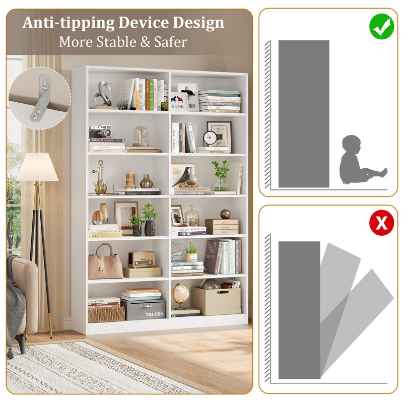 Modern White Double Wide Bookshelf 5 Tier Open Storage Bookcase
