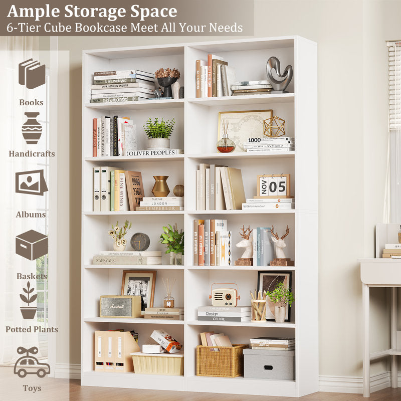 Modern White Double Wide Bookshelf 5 Tier Open Storage Bookcase