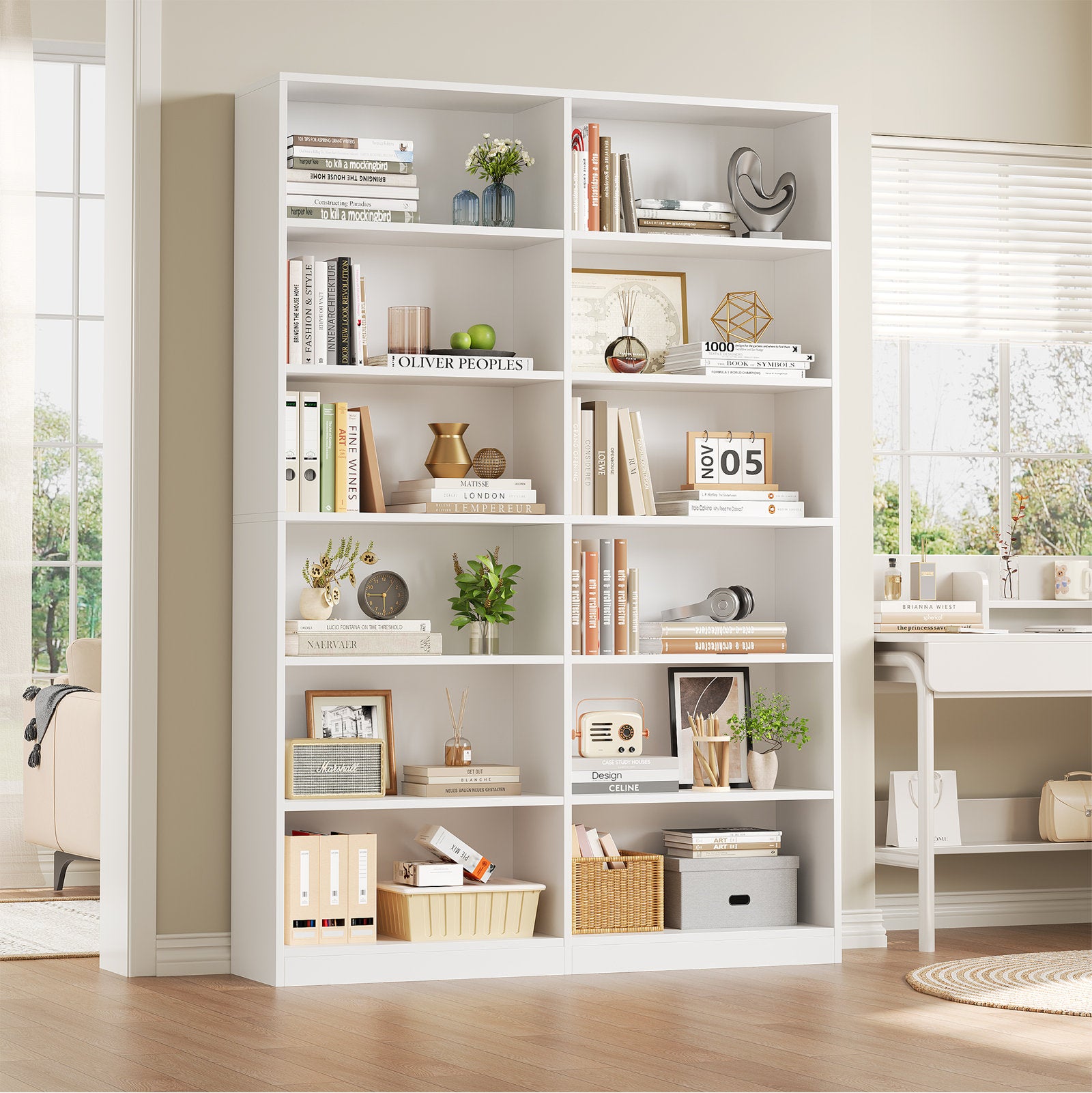 Modern White Double Wide Bookshelf 5 Tier Open Storage Bookcase