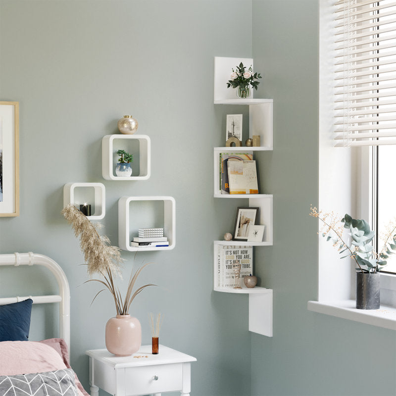 White Corner Book Case Zigzag Design 5 Tier Display Storage Shelf