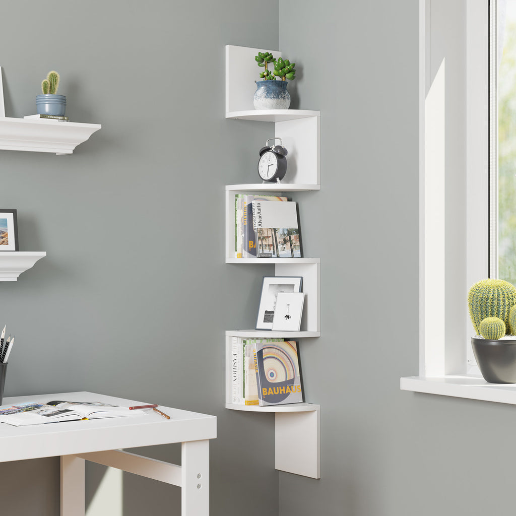 White Corner Book Case Zigzag Design 5 Tier Display Storage Shelf