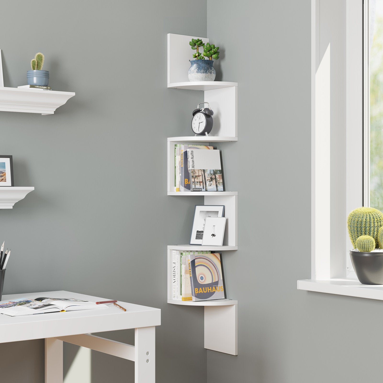 White Corner Book Case Zigzag Design 5 Tier Display Storage Shelf