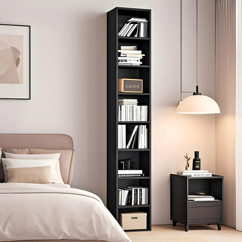 Modern Tall Narrow  Black Bookcase Seven Tier Open Storage Display Shelf