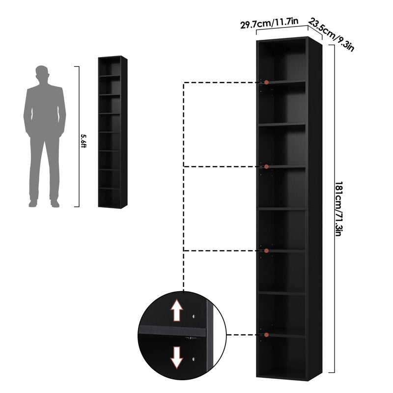 Modern Tall Narrow  Black Bookcase Seven Tier Open Storage Display Shelf