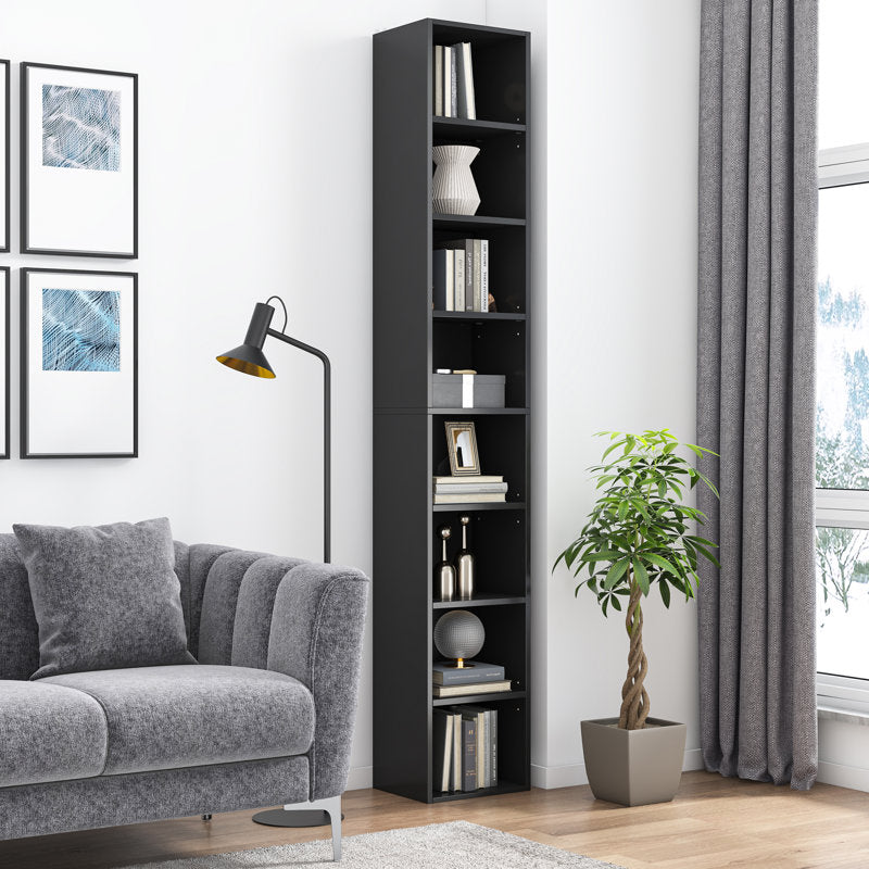 Modern Tall Narrow  Black Bookcase Seven Tier Open Storage Display Shelf