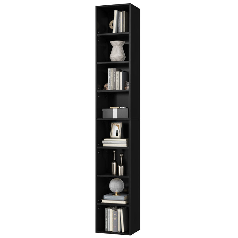 Modern Tall Narrow  Black Bookcase Seven Tier Open Storage Display Shelf