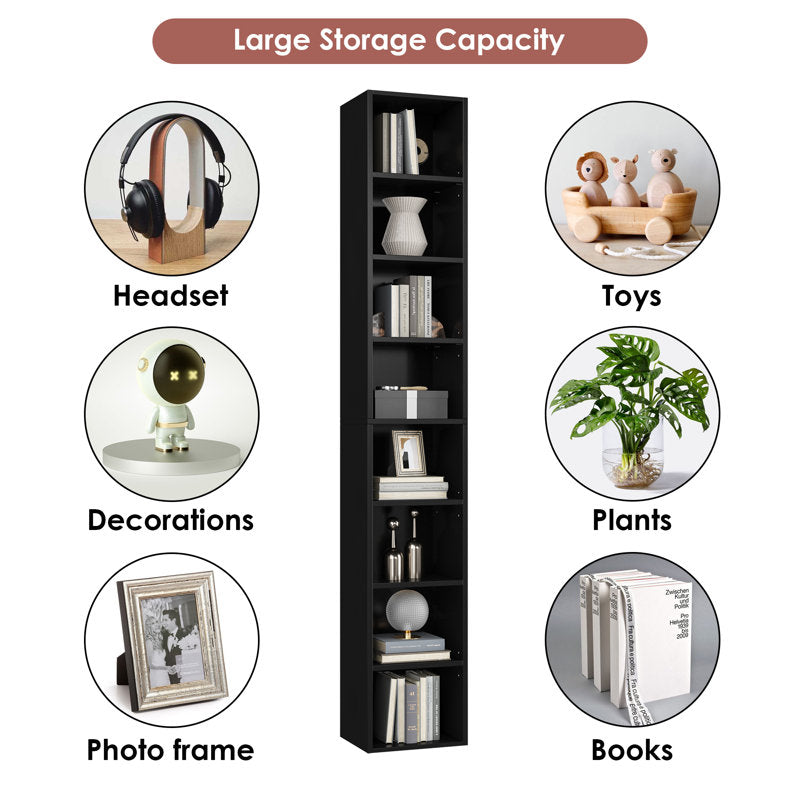 Modern Tall Narrow  Black Bookcase Seven Tier Open Storage Display Shelf