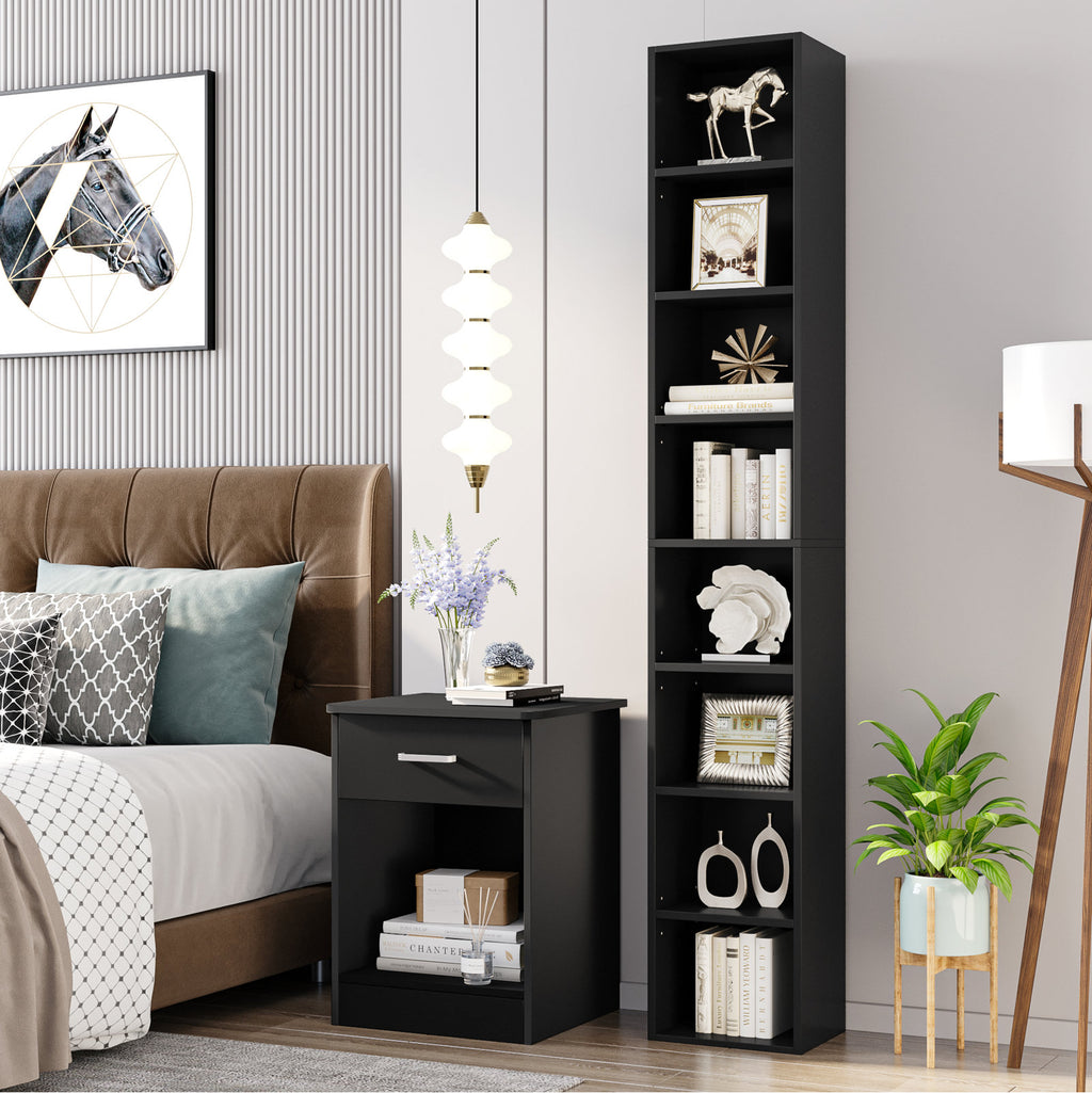 Modern Tall Narrow  Black Bookcase Seven Tier Open Storage Display Shelf