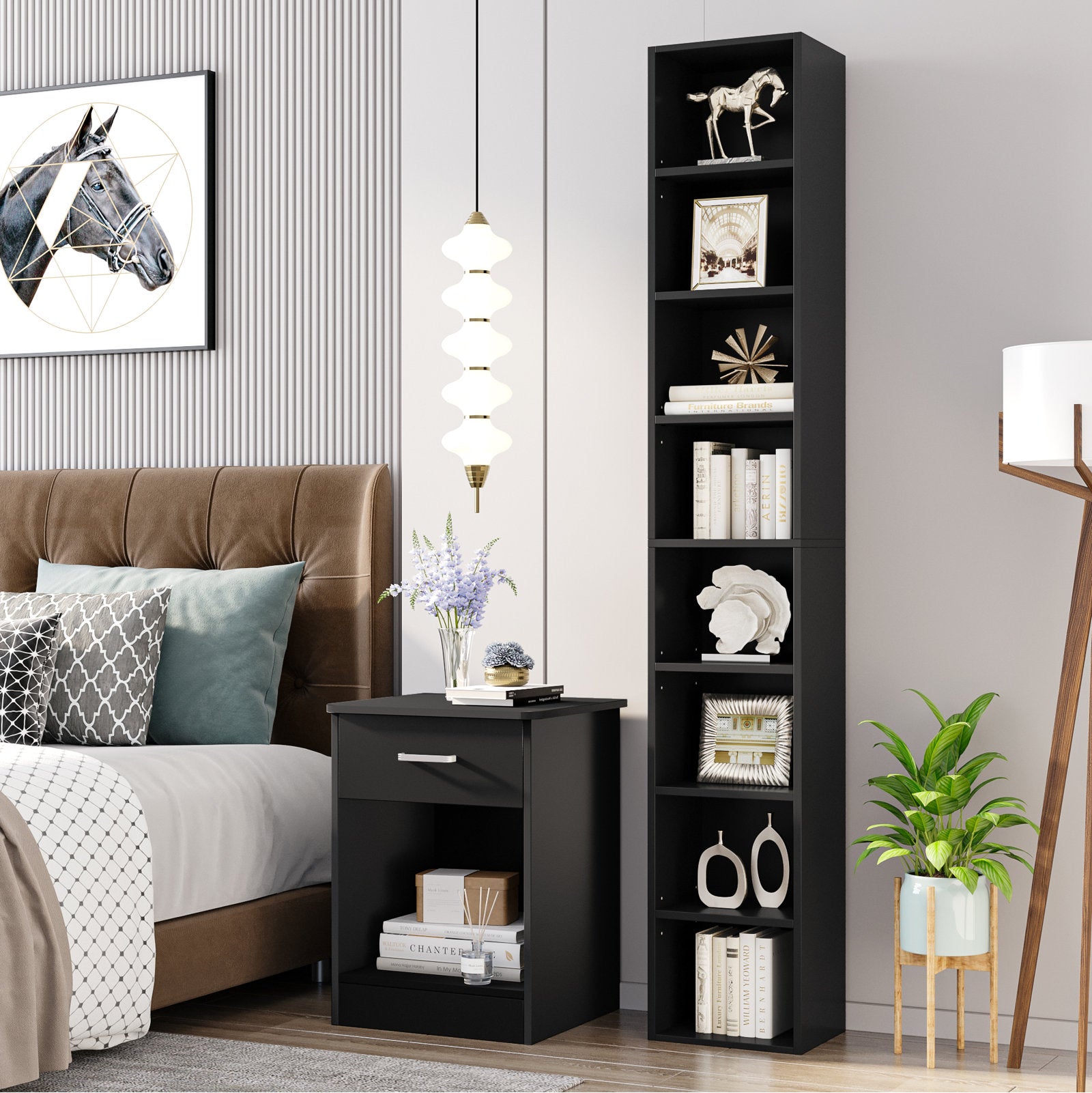 Modern Tall Narrow  Black Bookcase Seven Tier Open Storage Display Shelf