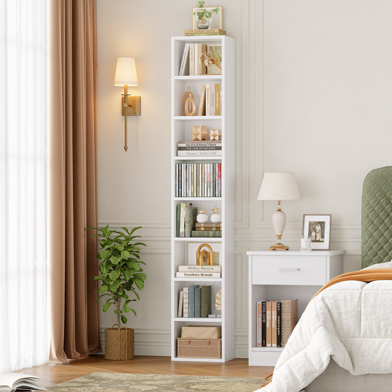 Modern Tall Narrow Bookcase Seven Tier Open Storage Display Shelf