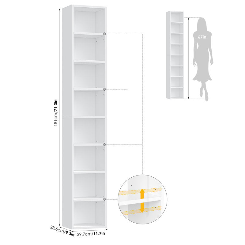 Modern Tall Narrow Bookcase Seven Tier Open Storage Display Shelf