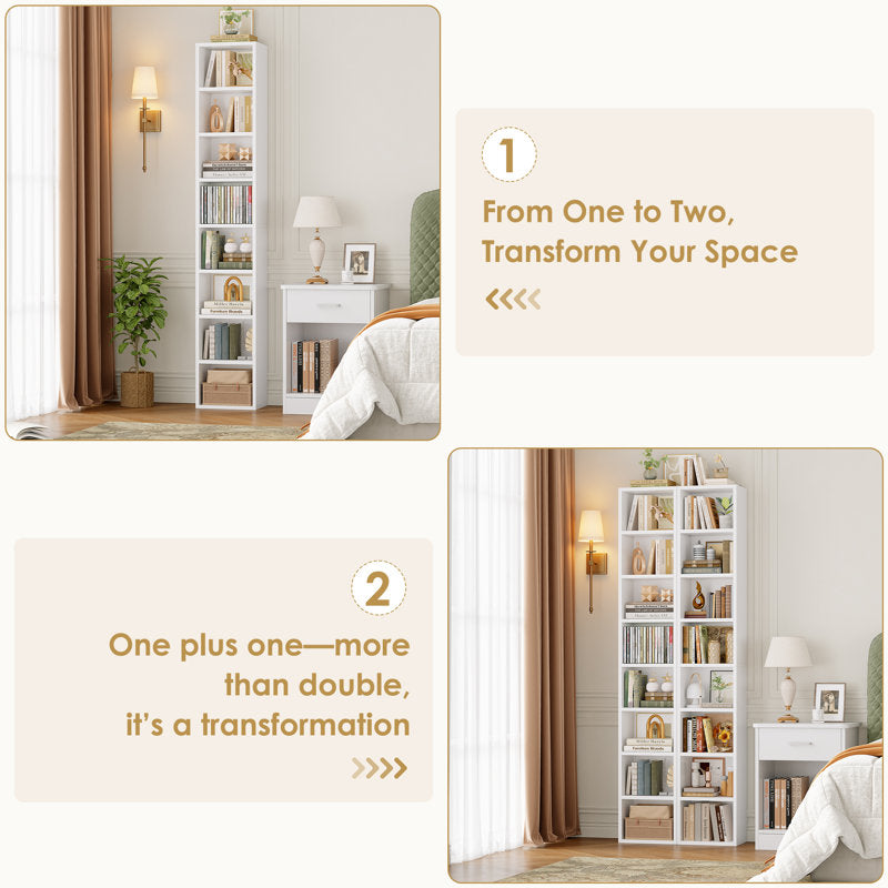 Modern Tall Narrow Bookcase Seven Tier Open Storage Display Shelf