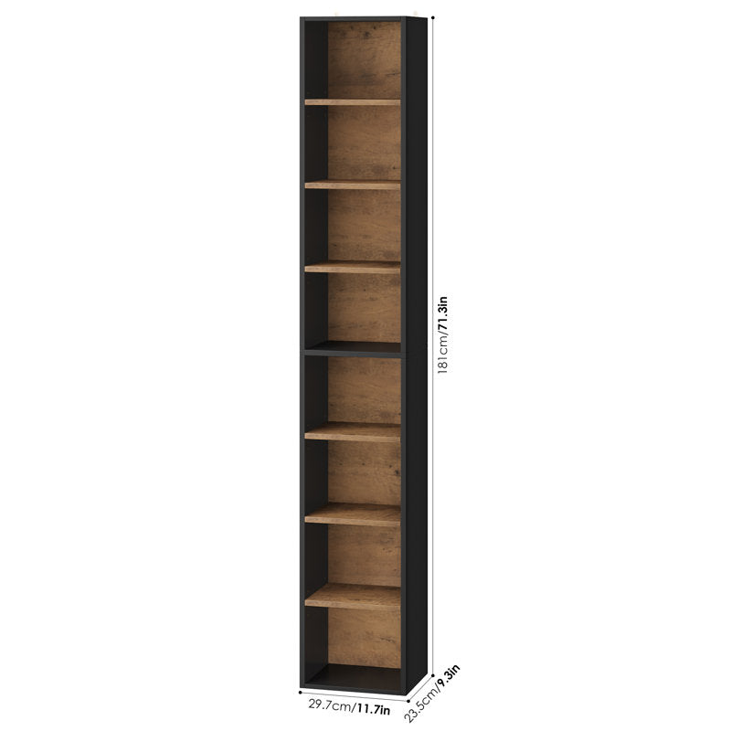 Modern Tall Narrow  Brown Bookcase Seven Tier Open Storage Display Shelf