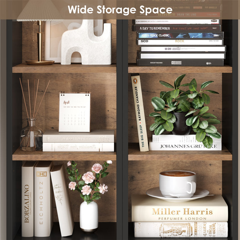 Modern Tall Narrow  Brown Bookcase Seven Tier Open Storage Display Shelf