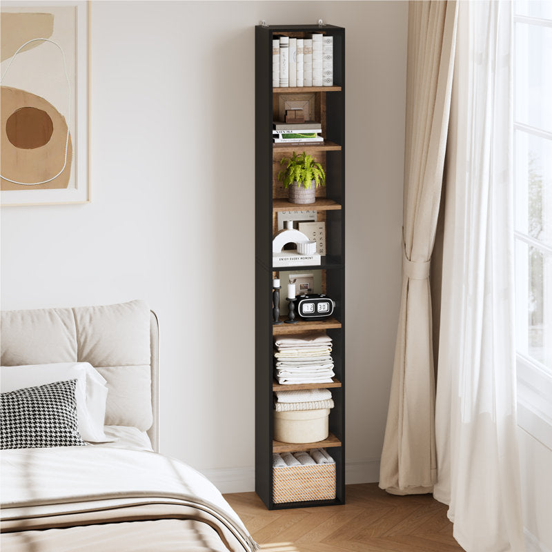 Modern Tall Narrow  Brown Bookcase Seven Tier Open Storage Display Shelf