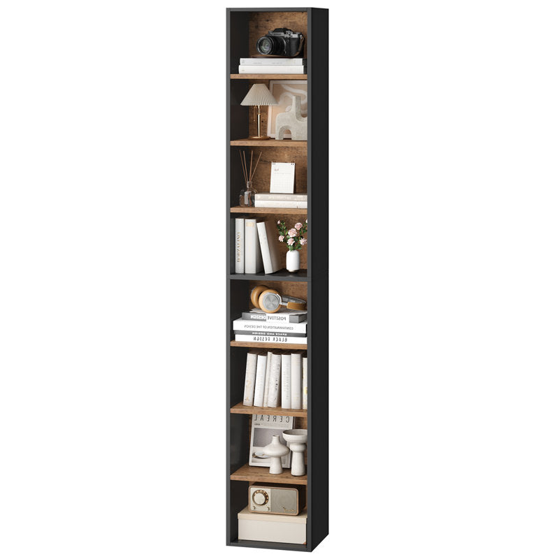 Modern Tall Narrow  Brown Bookcase Seven Tier Open Storage Display Shelf