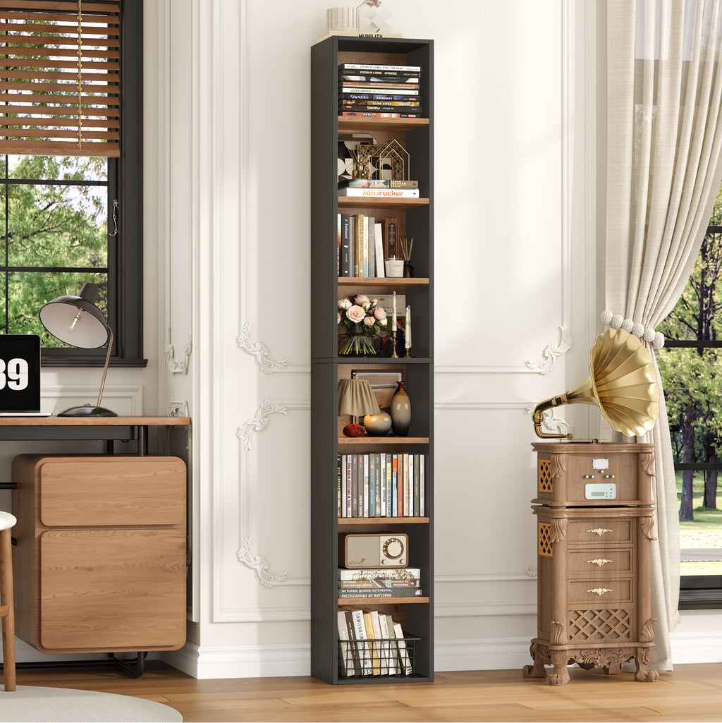 Modern Tall Narrow  Brown Bookcase Seven Tier Open Storage Display Shelf