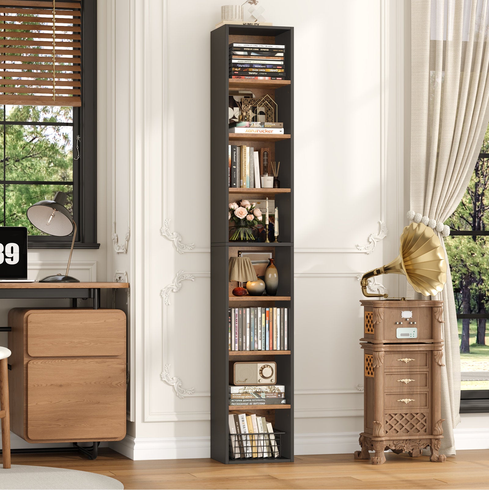 Modern Tall Narrow  Brown Bookcase Seven Tier Open Storage Display Shelf