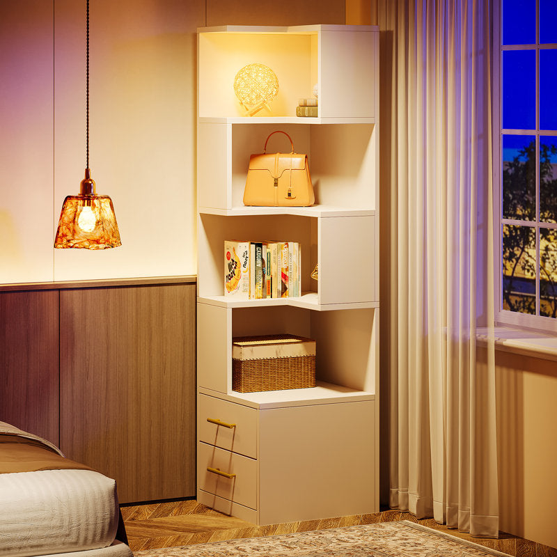 Contemporary White Storage Bookcase Open Shelves With Drawers