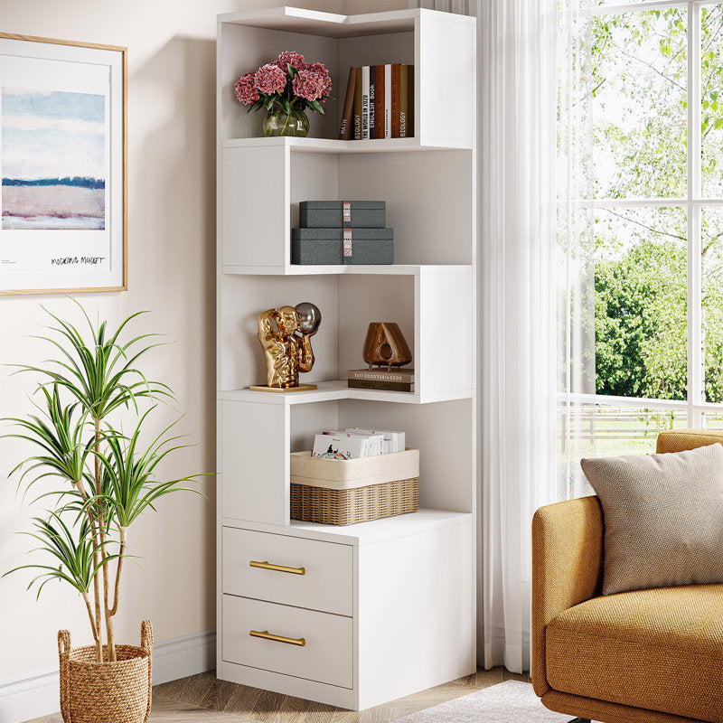 Contemporary White Storage Bookcase Open Shelves With Drawers