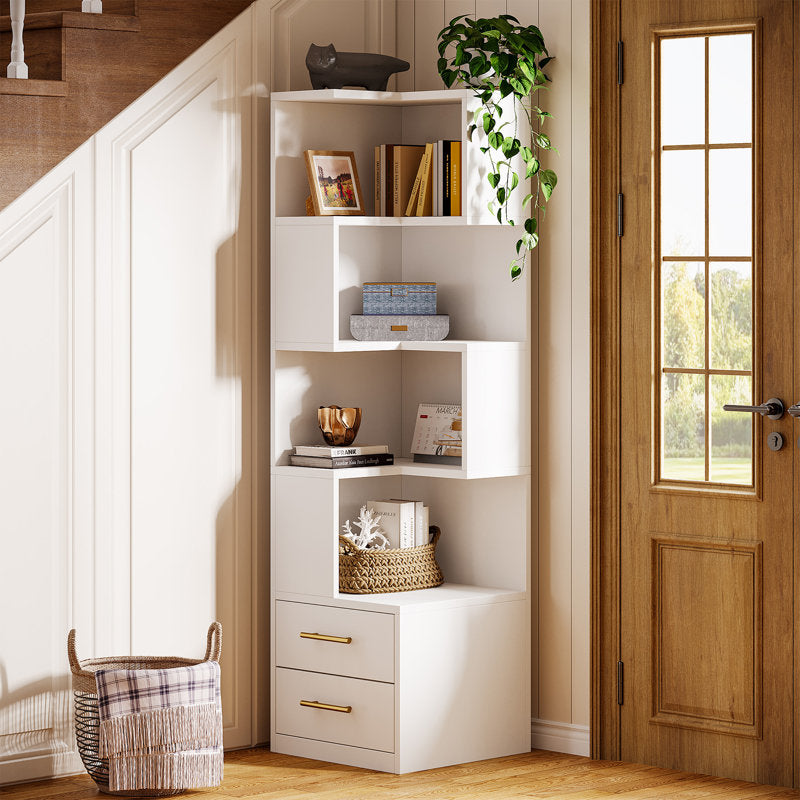 Contemporary White Storage Bookcase Open Shelves With Drawers