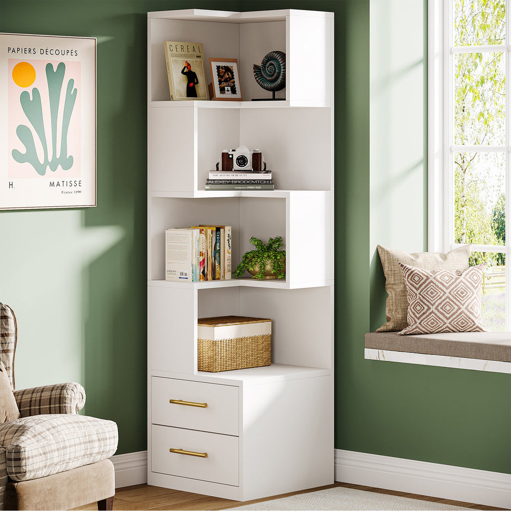 Contemporary White Storage Bookcase Open Shelves With Drawers