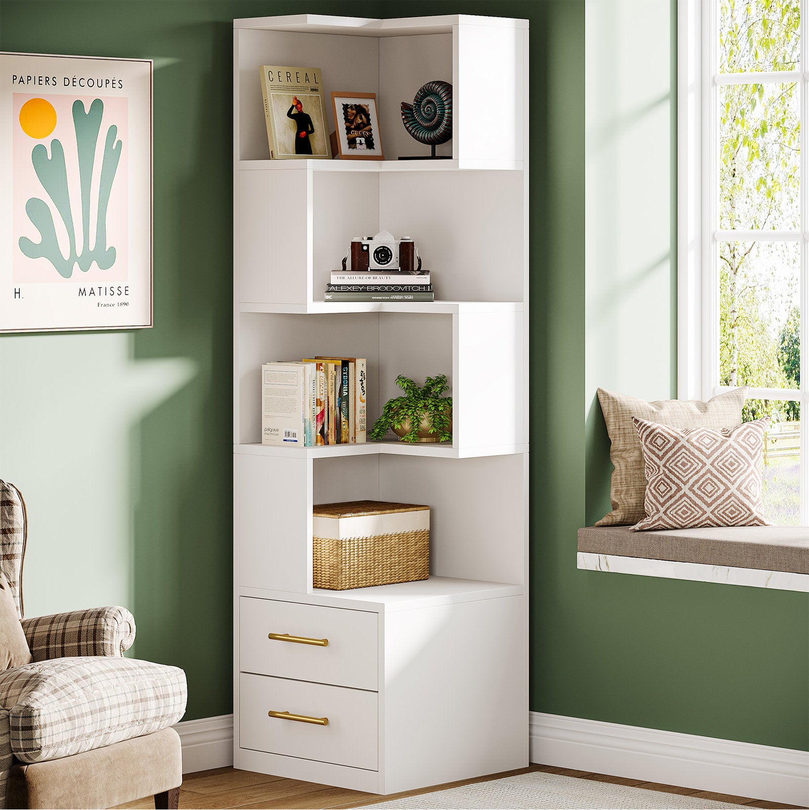 Contemporary White Storage Bookcase Open Shelves With Drawers