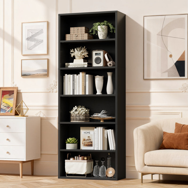 Modern Black 5 Tier Bookshelf Tall Open Storage Bookcase