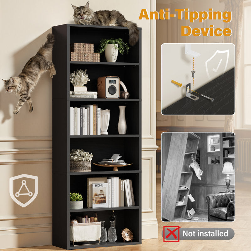 Modern Black 5 Tier Bookshelf Tall Open Storage Bookcase