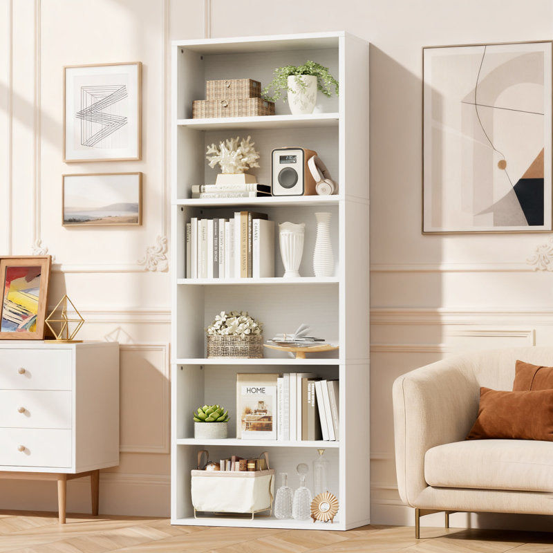 Modern White 5 Tier Bookshelf Tall Open Storage Bookcase