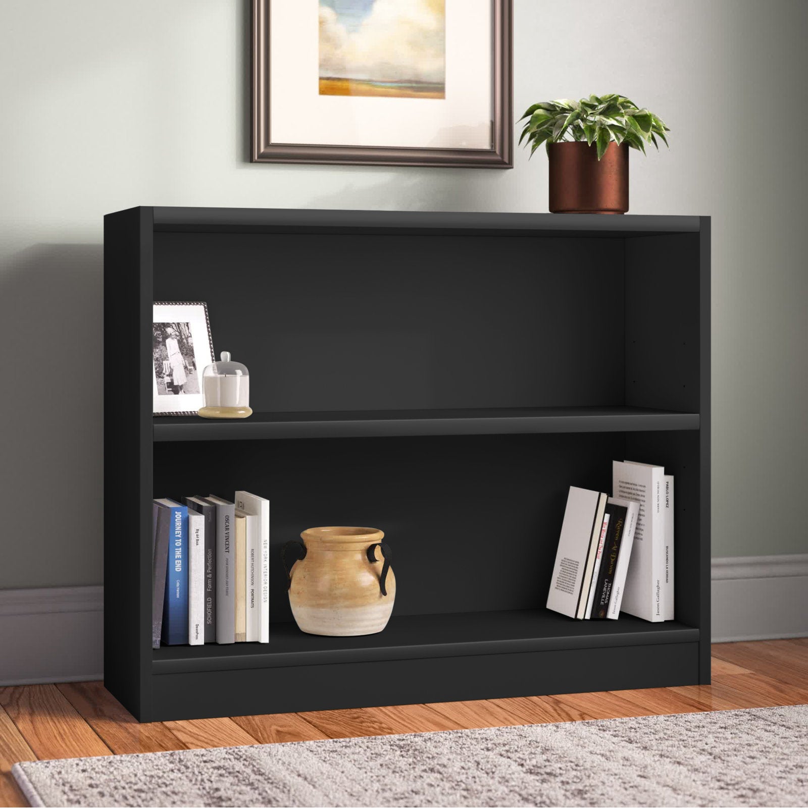 Modern Black 2 Tier Bookshelf Low Open Storage Bookcase