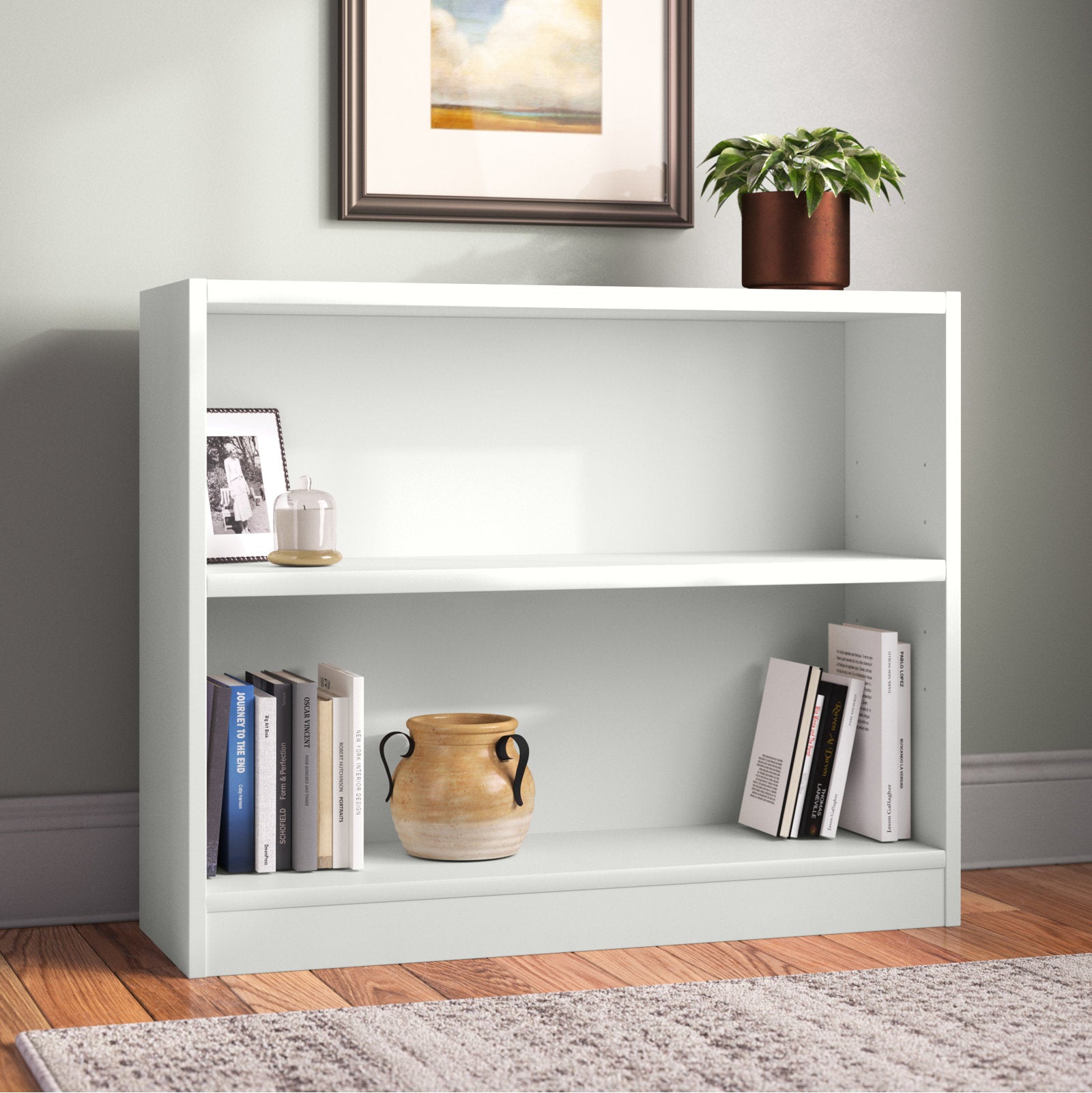 Modern White 2 Tier Bookshelf Low Open Storage Bookcase