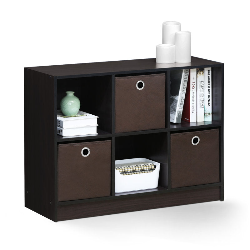 Dark Wood 6 Cube Storage Bookcase With Storage Baskets