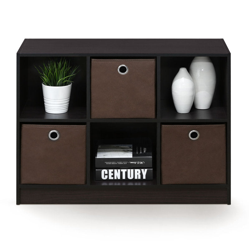 Dark Wood 6 Cube Storage Bookcase With Storage Baskets