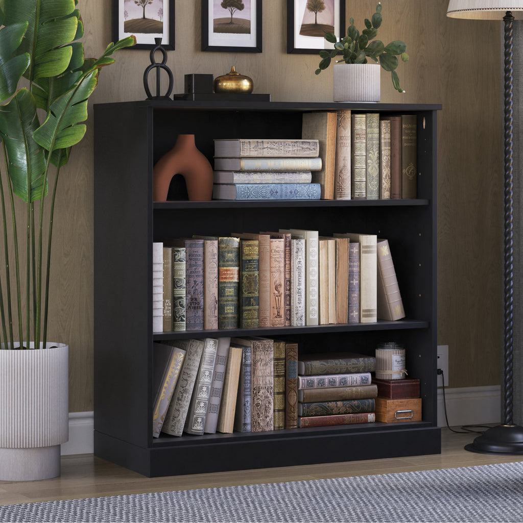 Modern Black 3 Tier Bookshelf Low Open Storage Bookcase