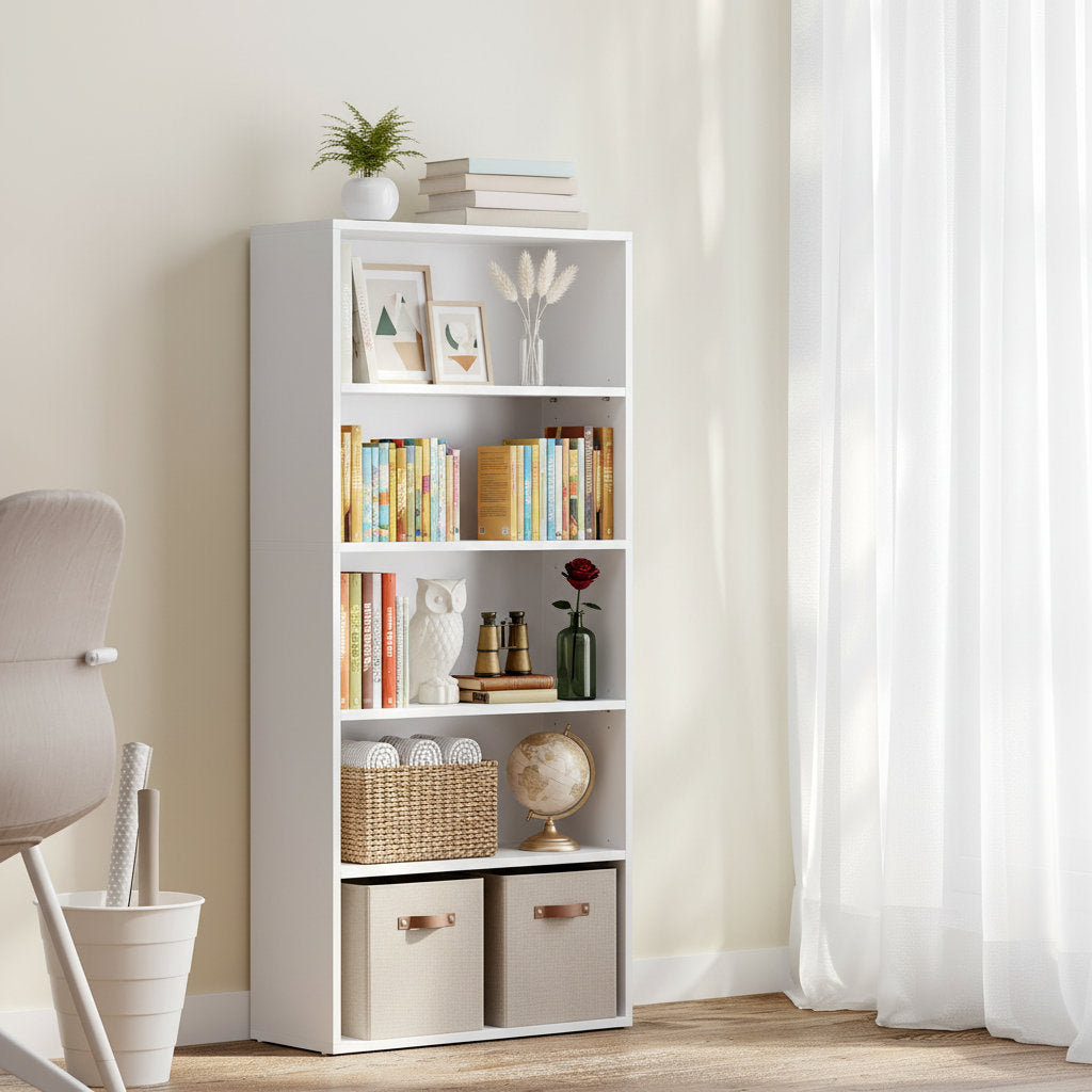 Modern White 5 Tier Bookshelf Tall Open Storage Bookcase