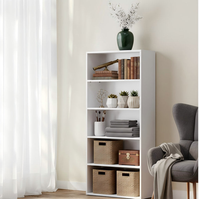 Modern White 5 Tier Bookshelf Tall Open Storage Bookcase