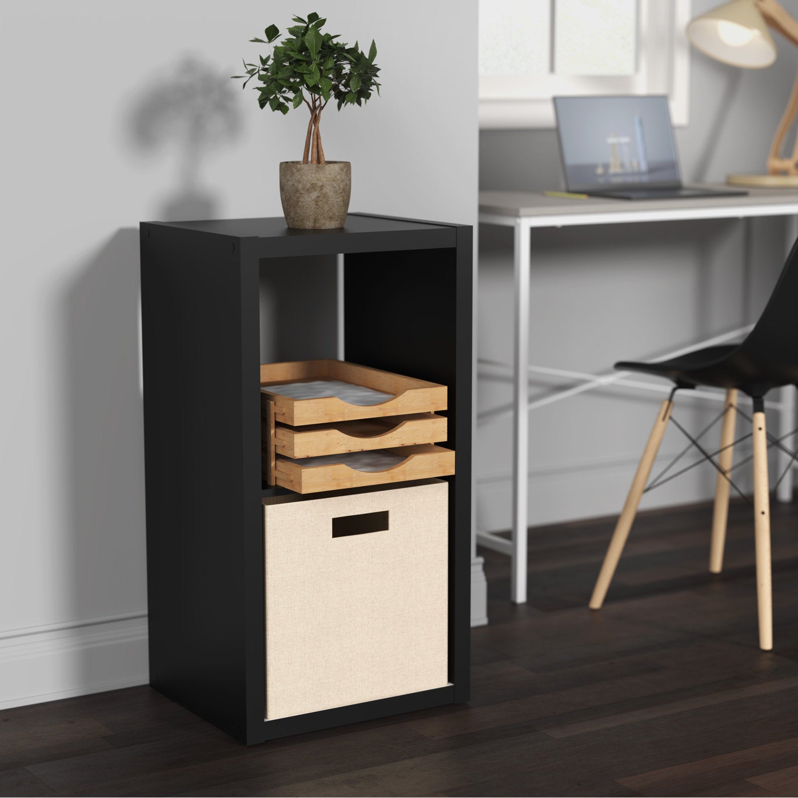 Modern Black 2 Tier Bookcase With Fabric Drawer