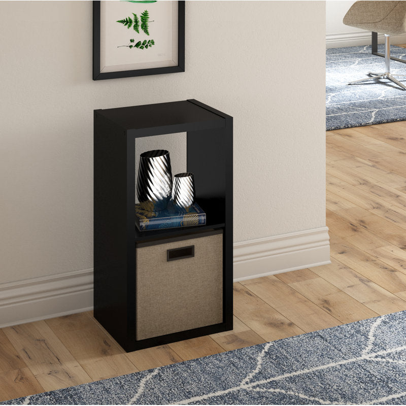 Modern Black 2 Tier Bookcase With Fabric Drawer