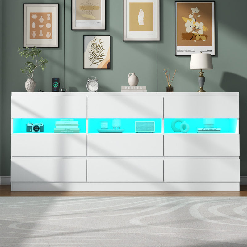 Luxury White Shelf Cabinet with Spacious Drawer Storage and Ambient LED Display