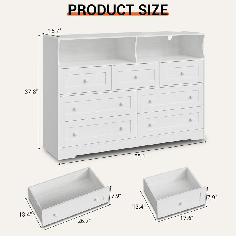 Modern LED Book Shelf Cabinet with Open Display and Multi Storage Drawers White Finish