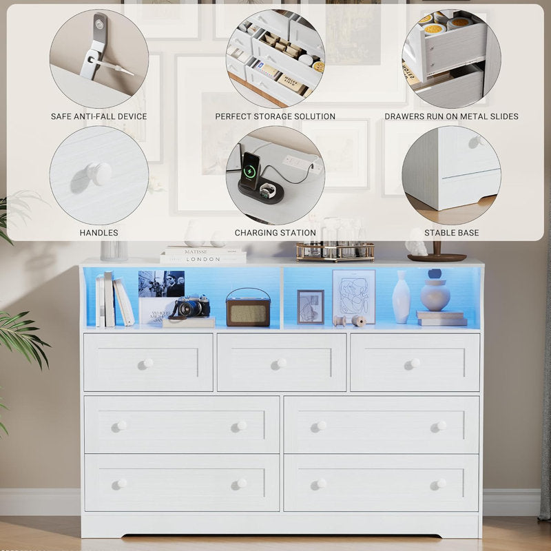 Modern LED Book Shelf Cabinet with Open Display and Multi Storage Drawers White Finish