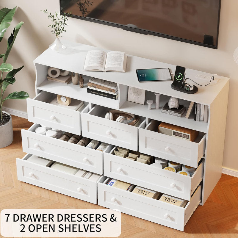 Modern LED Book Shelf Cabinet with Open Display and Multi Storage Drawers White Finish